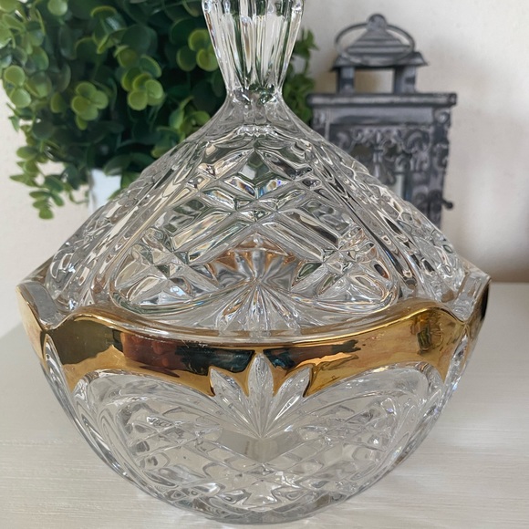 Anna Hutte Bleikristall Lead Germany Crystal Dish with lid Gold Trim Candy Dish - Picture 5 of 8